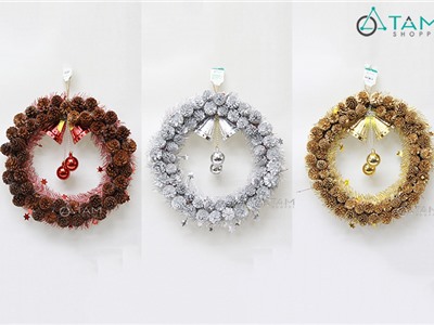 Vòng nguyệt quế Noel trái thông dầu ĐK 45cm X-VNGQ-08